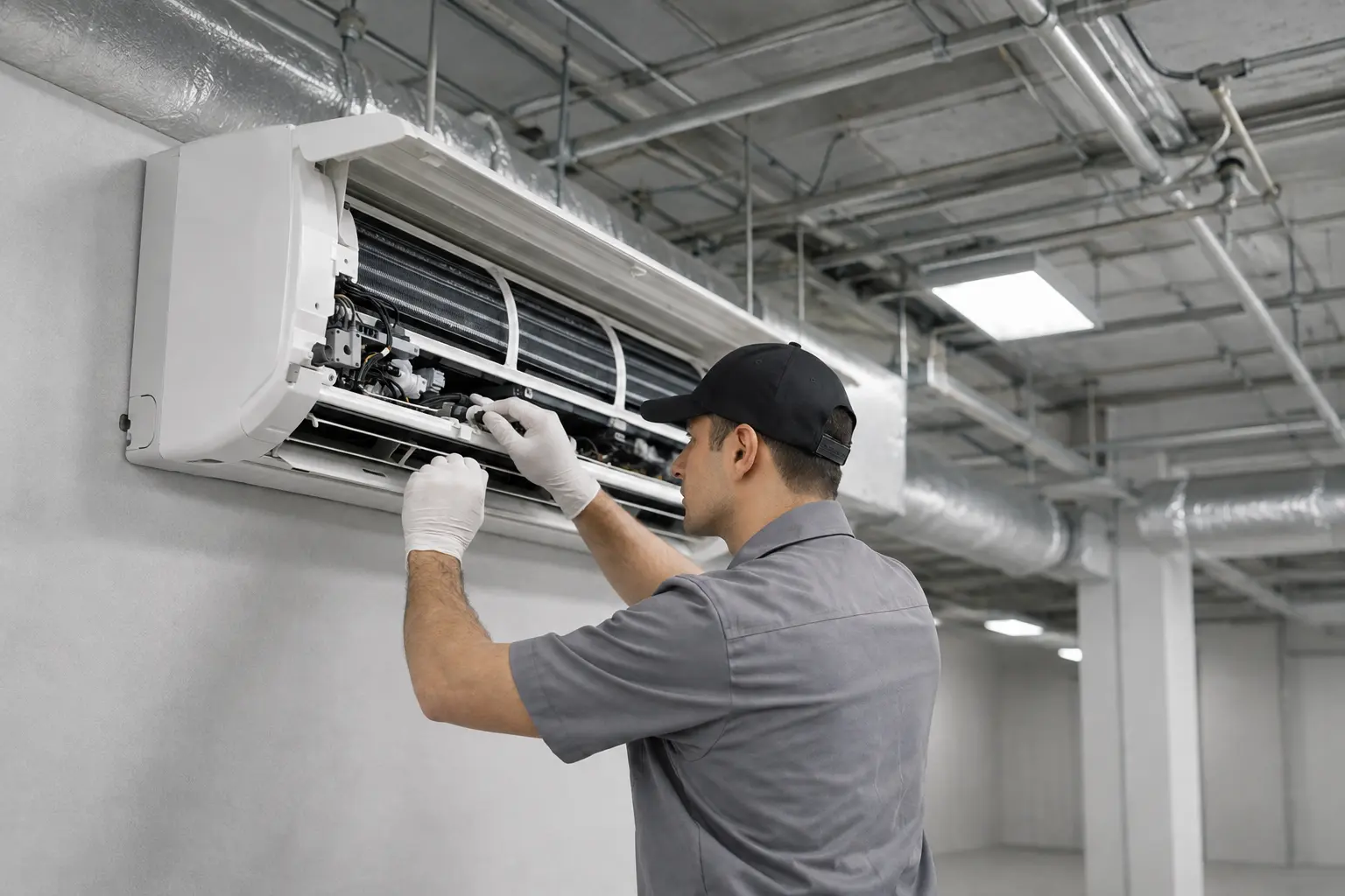Técnico realizando mantenimiento de aire acondicionado